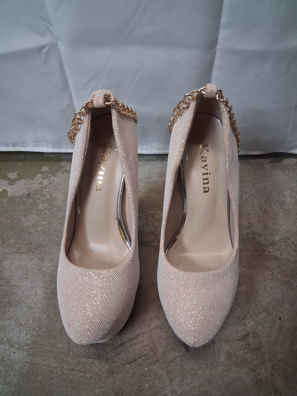 Kayina Women's Champagne Glitter Ankle Chain Platform Heels NWOT
